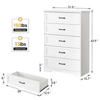 Commode à 5 tiroirs avec dispositif anti-basculement et finition grain de bois, blanc / marron et blanc