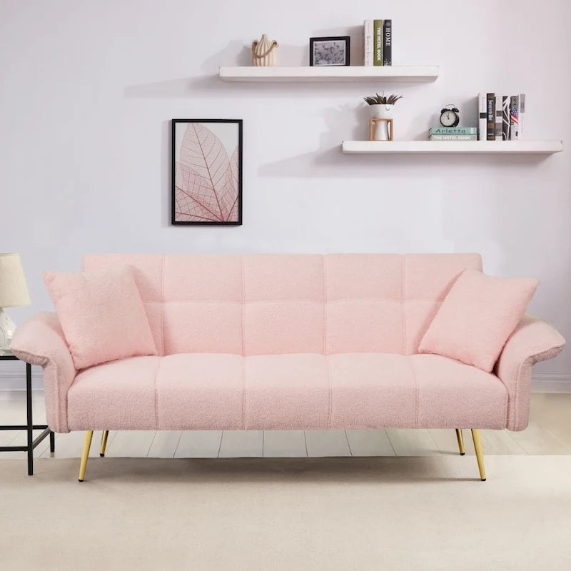 Canapé-lit convertible 70" avec dossier réglable, velours teddy, vert / rose / beige, 2 places