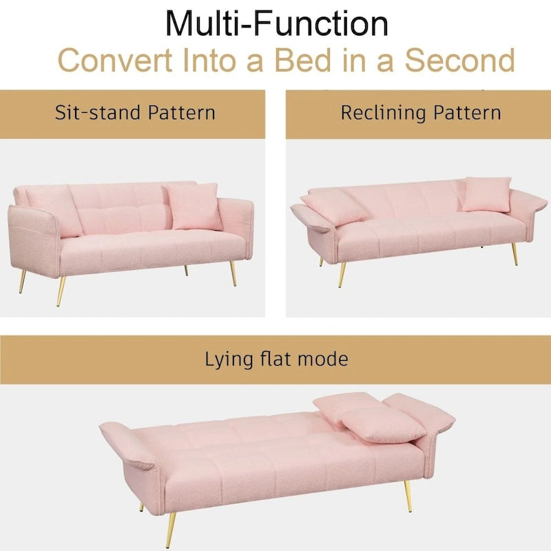 Canapé-lit convertible 70" avec dossier réglable, velours teddy, vert / rose / beige, 2 places