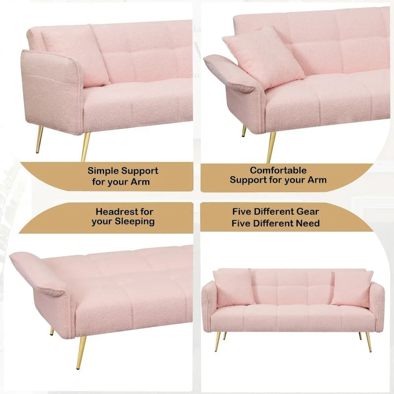 Canapé-lit convertible 70" avec dossier réglable, velours teddy, vert / rose / beige, 2 places