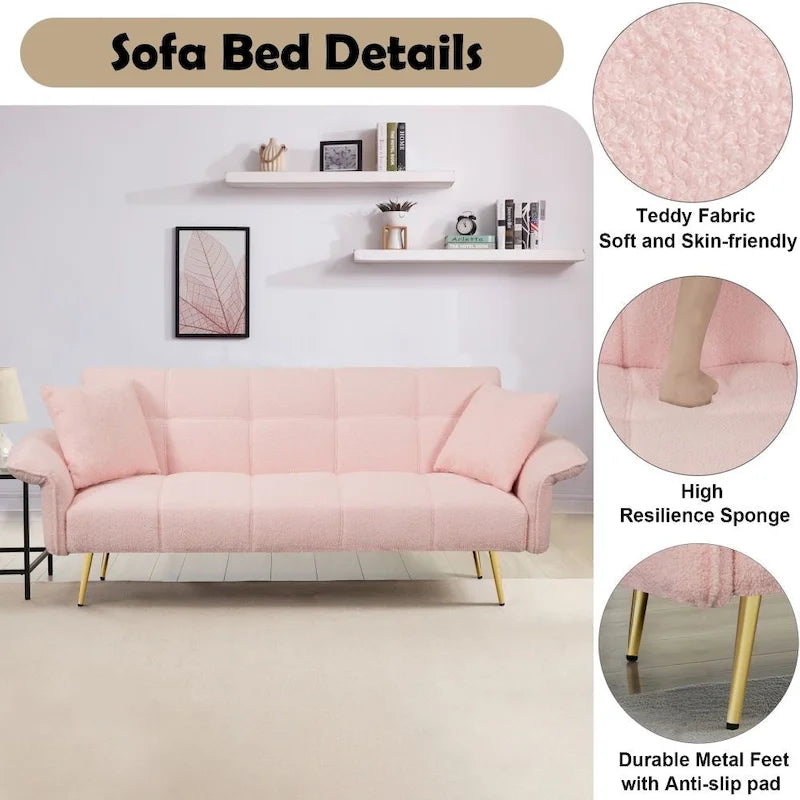 Canapé-lit convertible 70" avec dossier réglable, velours teddy, vert / rose / beige, 2 places