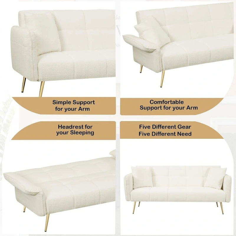 Canapé-lit convertible 70" avec dossier réglable, velours teddy, vert / rose / beige, 2 places