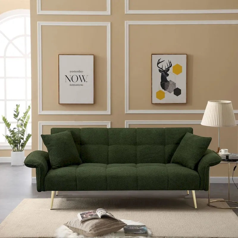 Canapé-lit convertible 70" avec dossier réglable, velours teddy, vert / rose / beige, 2 places