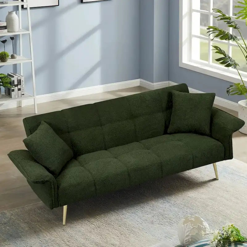 Canapé-lit convertible 70" avec dossier réglable, velours teddy, vert / rose / beige, 2 places