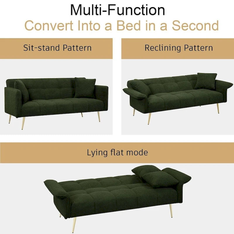 Canapé-lit convertible 70" avec dossier réglable, velours teddy, vert / rose / beige, 2 places