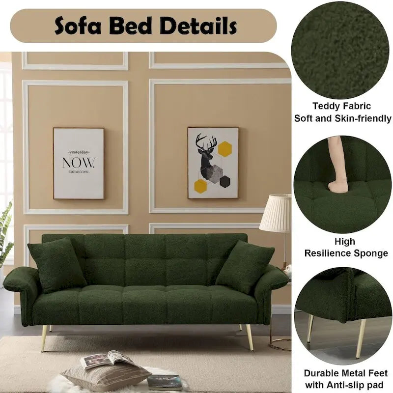 Canapé-lit convertible 70" avec dossier réglable, velours teddy, vert / rose / beige, 2 places
