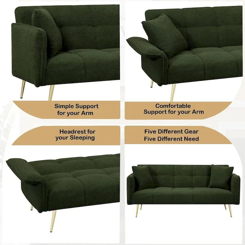 Canapé-lit convertible 70" avec dossier réglable, velours teddy, vert / rose / beige, 2 places