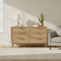 Commode double à 6 tiroirs en rotin et bois avec dispositif anti-basculement, naturel